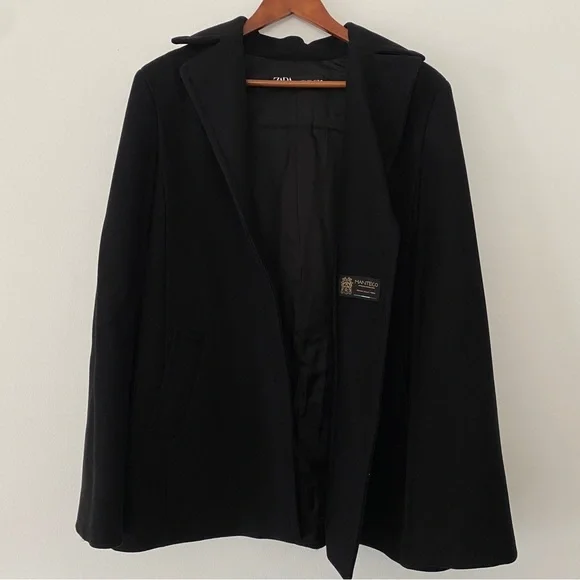 Zara Manteco Wool Blend Black Cape Coat with Gold Buttons women’s size L - Picture 6 of 9